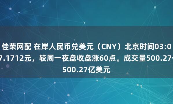 佳荣网配 在岸人民币兑美元（CNY）北京时间03:00收报7.1712元，较周一夜盘收盘涨60点。成交量500.27亿美元
